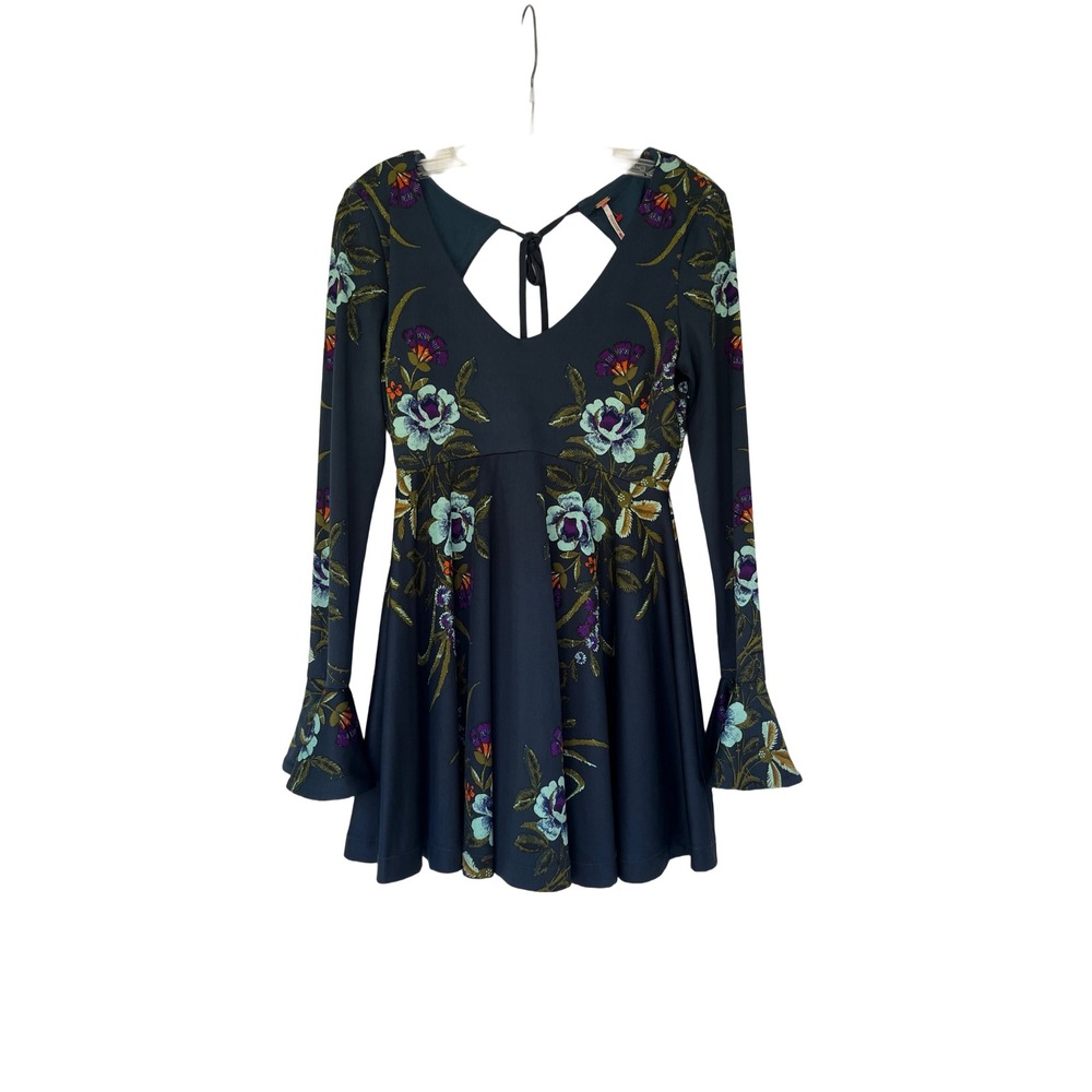 Free People Floral Mini Dress Womens XS Navy Blue Excellent Bell Sleeve Chic